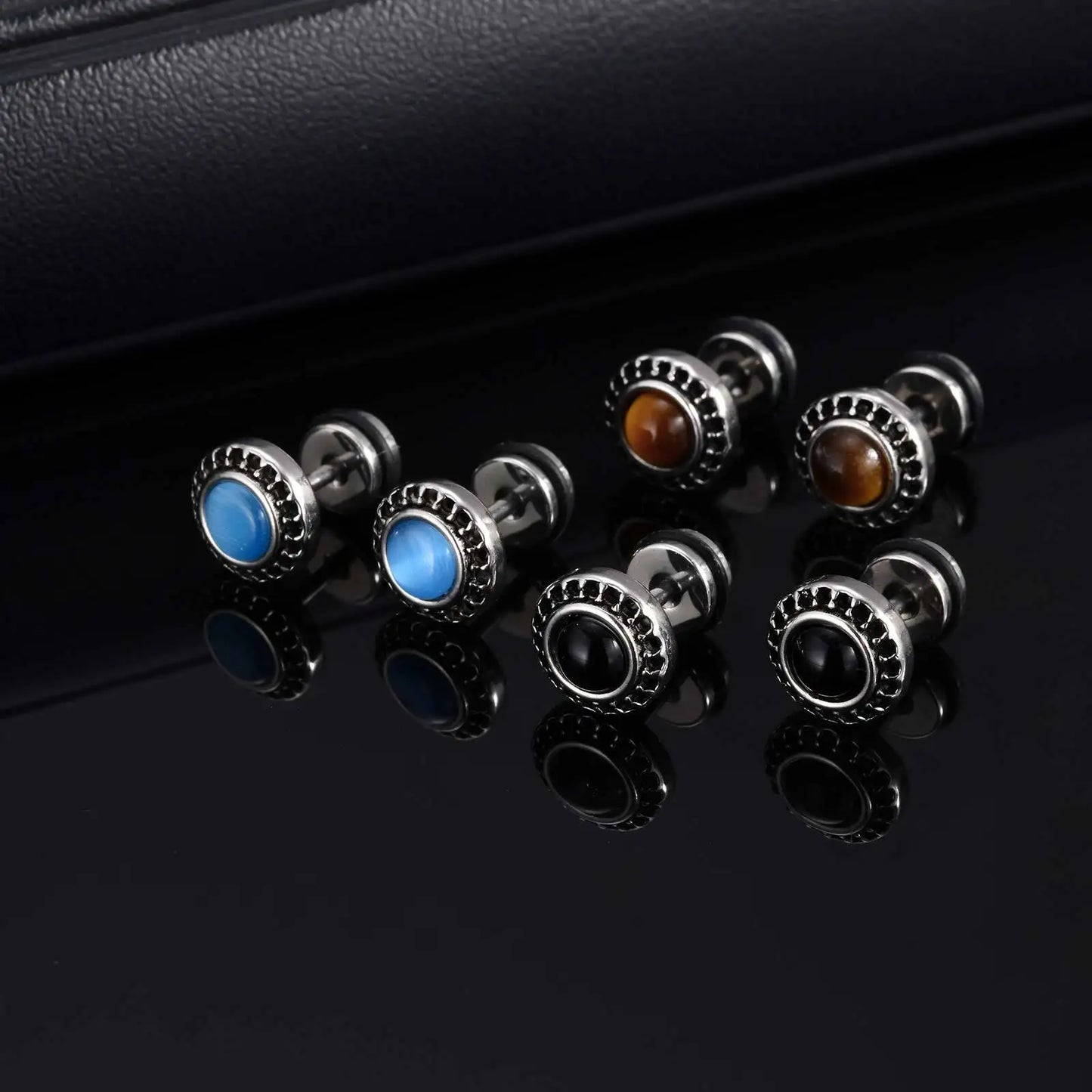 Punk Natural Stone Stud Earrings for Men Boys,Tiger Eye Stone Round Earrings,New Simple Ear Jewelry Gifts