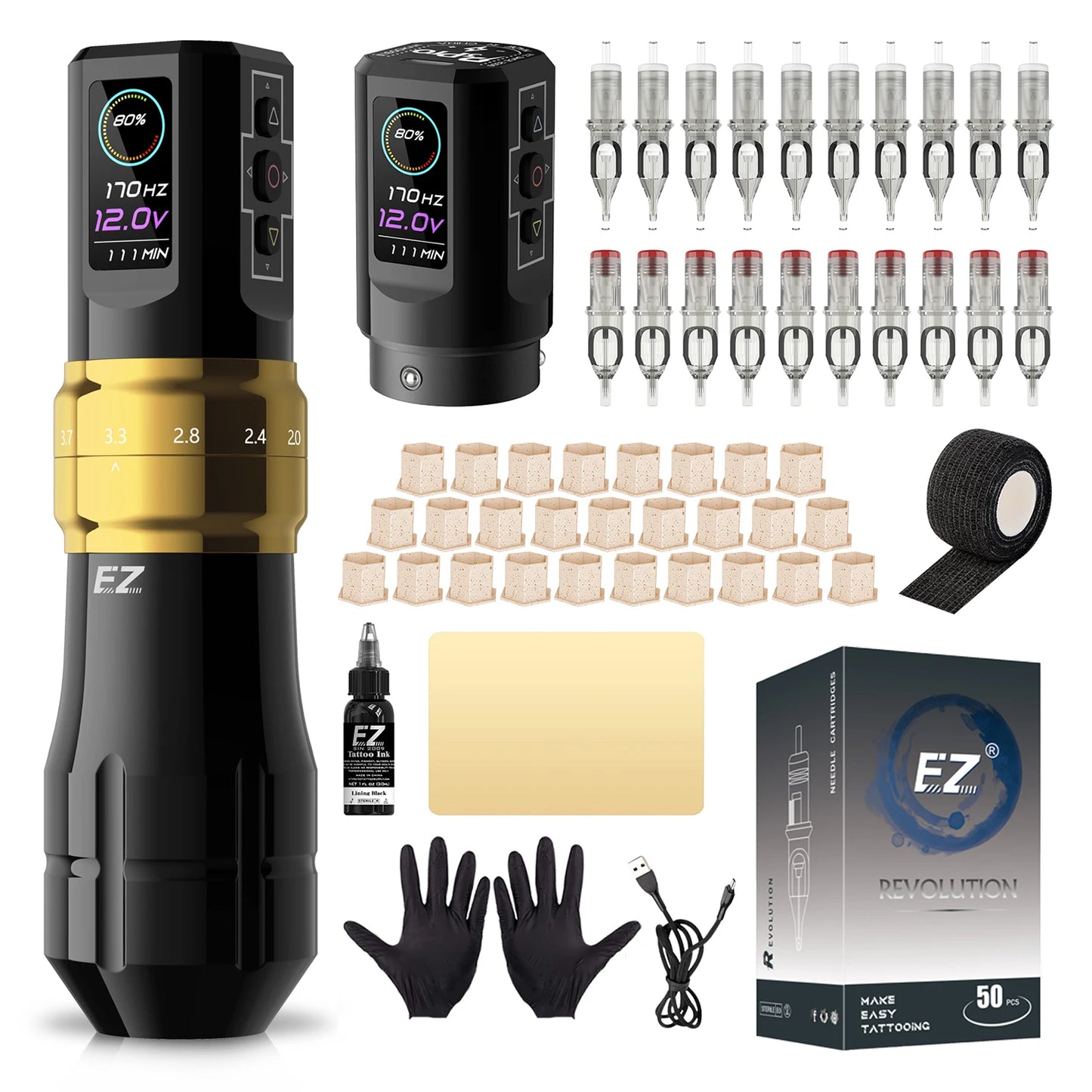 EZ P3 Pro Wireless Battery Tattoo Machine Pen Kits 50pcs EZ Cartridge Tattoo Needles Adjustable Stroke OLED Digital Display