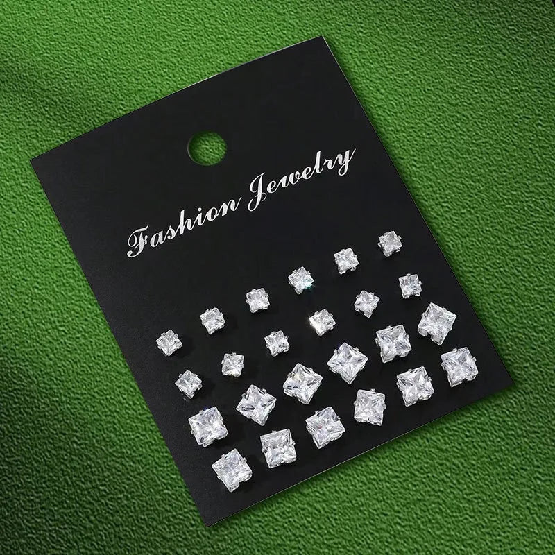 Autumn/Winter Geometric Six-Claw Heart-Shaped Crystal Zircon Basic Set Ear Studs Vintage Elegant 36 Pairs Unisex